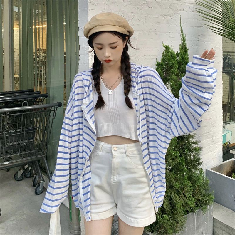 Striped long-sleeved knitted sweater jacket women's summer thin section fat mm extra large size 300 catties loose outerwear sunscreen top tide