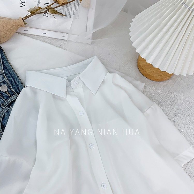 Elegant and elegant Morandi loose casual short-sleeved chiffon shirt women's summer design sense of outerwear all-match solid color top