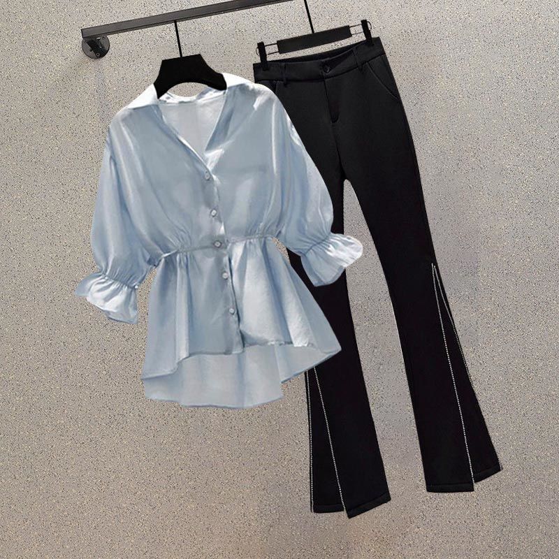 Slightly fat summer wear suit women  new age-reducing suspender shirt jacket casual pants large size three-piece suit