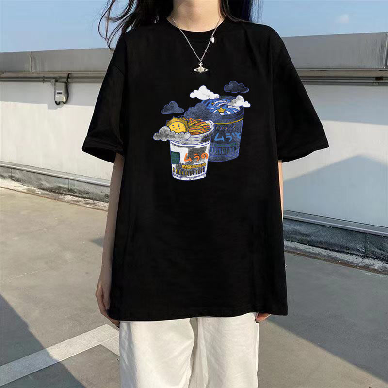 純棉短袖黑色t恤女2023夏季新款原宿BF寬鬆韓版學生半袖正肩上衣