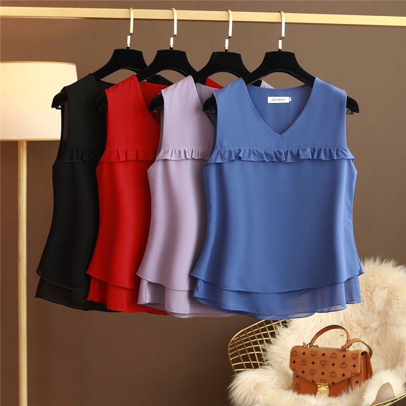 Summer sleeveless camisole women's V-neck large size chiffon top loose belly-covering thin western-style bottoming shirt