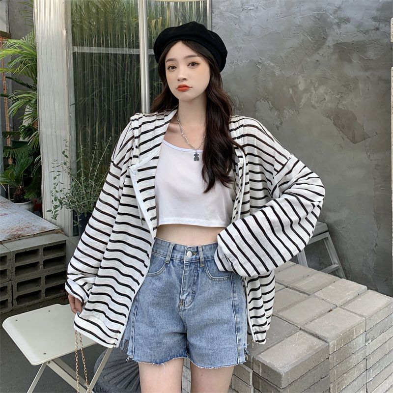 Striped long-sleeved knitted sweater jacket women's summer thin section fat mm extra large size 300 catties loose outerwear sunscreen top tide