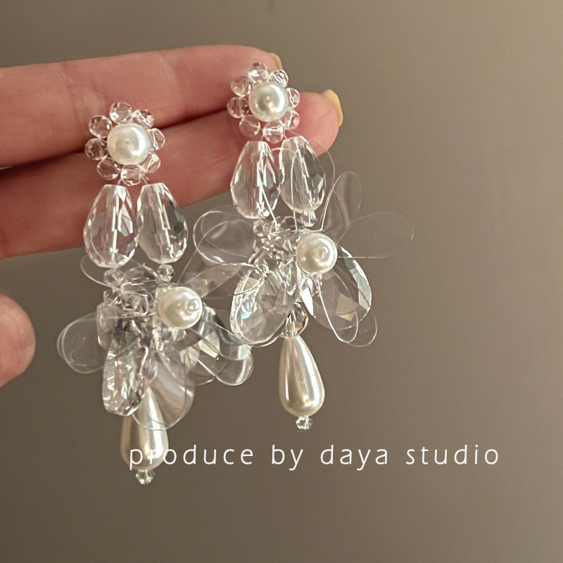 Fairy~French style crystal pearl beaded earrings, exaggerated, exquisite and high-end design, retro and exaggerated holiday style