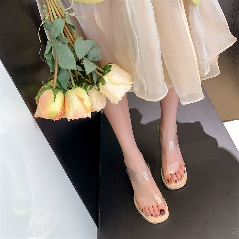 2023夏季新款韩版外穿透明一字带高跟拖鞋女防水台水晶粗跟凉拖鞋