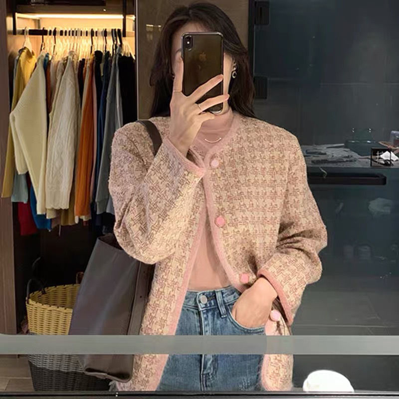 Pink small fragrance high-end coat women's clothing early spring and autumn 2022 new chic Korean style thickened plaid top