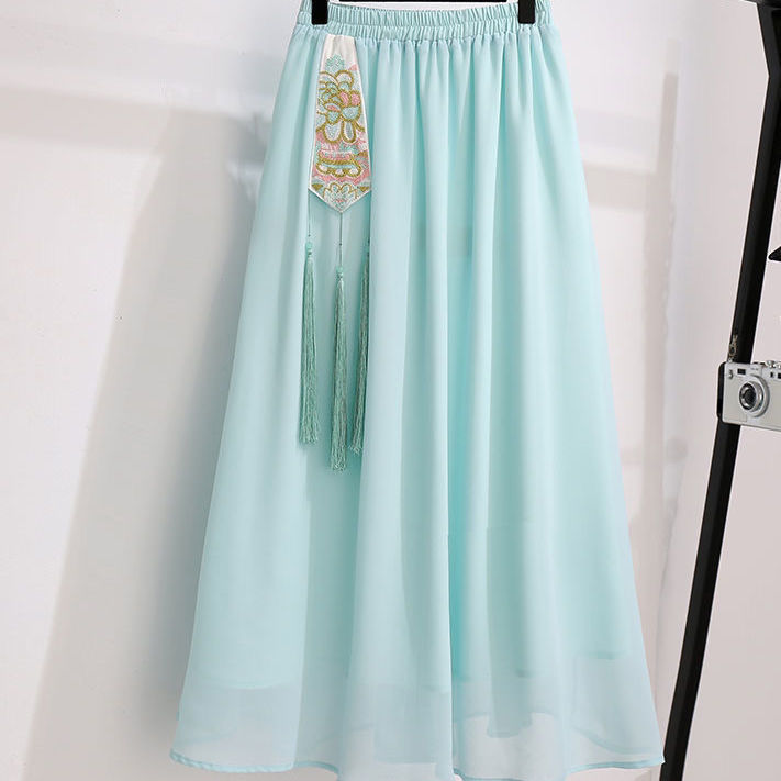 2023 Xia Hanfu Chinese style female fairy skirt embroidered flower chiffon skirt literary retro mid-length skirt