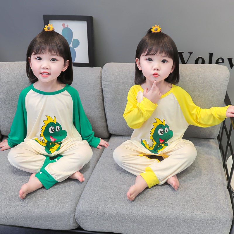 Modal children's one-piece pajamas girls summer thin section long-sleeved home clothes baby girl anti-kick sleeping bag air-conditioning clothes