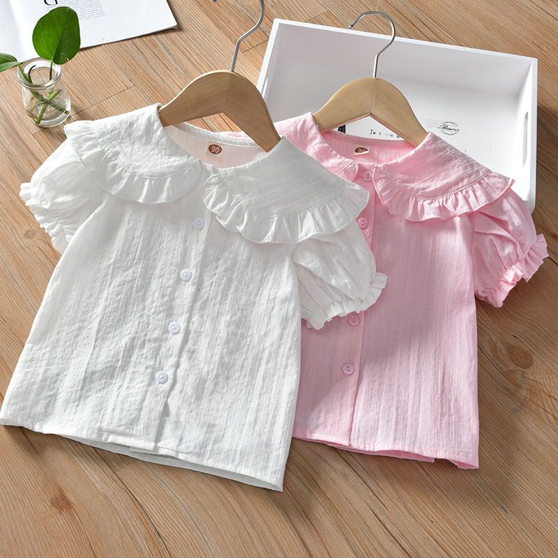 New Girls Shirts Little Girls Korean Style Casual Solid Color Shirts Children's Versatile Foreign Style Doll Collar Cotton Linen Tops