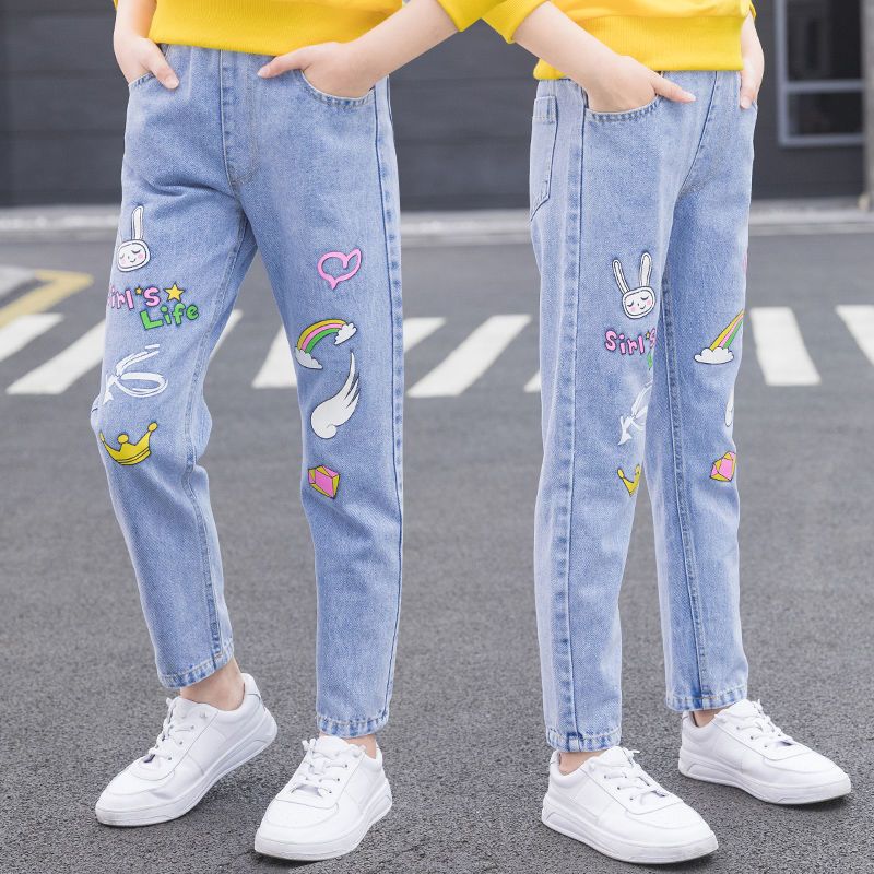 女童褲子春秋外穿洋氣時髦春款兒童牛仔褲休閒老爹長褲寬鬆女大童