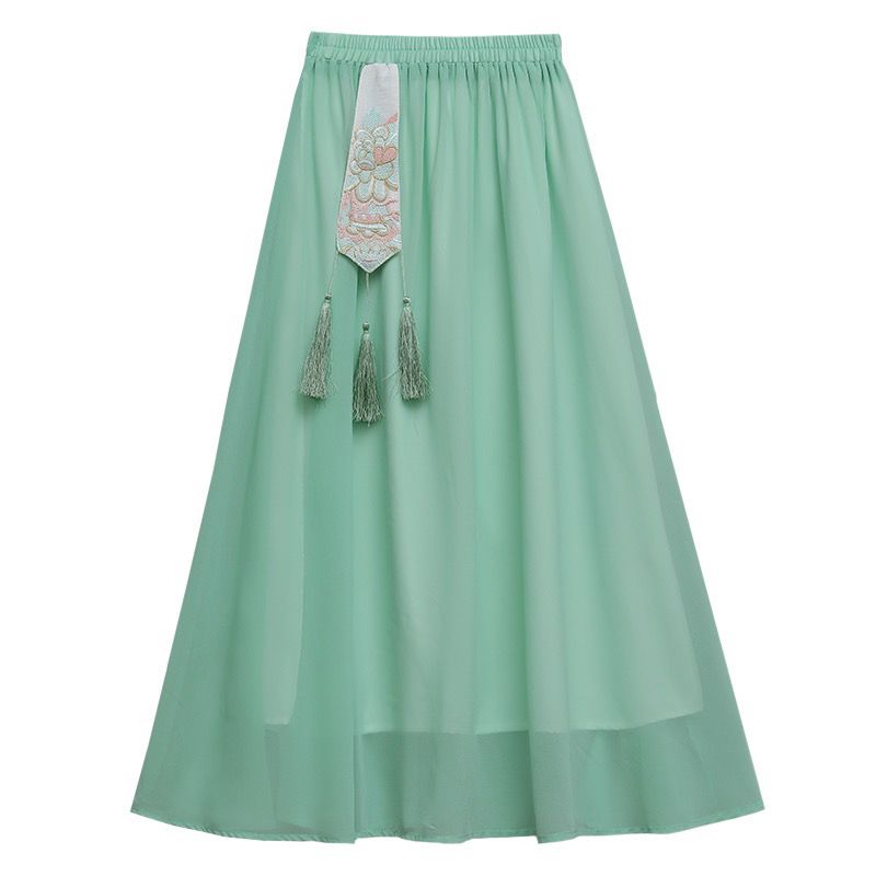  Xia Hanfu Chinese style female fairy skirt embroidered flower chiffon skirt literary retro mid-length skirt