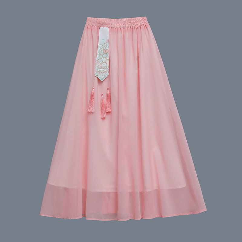 2023 Xia Hanfu Chinese style female fairy skirt embroidered flower chiffon skirt literary retro mid-length skirt