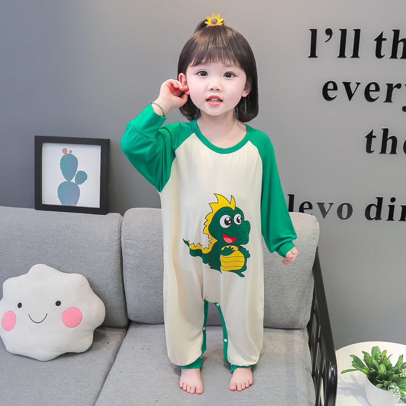 Modal children's one-piece pajamas girls summer thin section long-sleeved home clothes baby girl anti-kick sleeping bag air-conditioning clothes
