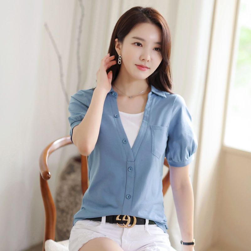 假兩件上衣女polo衫短袖t恤女翻領純棉襯衫女休閒百搭夏季體恤潮