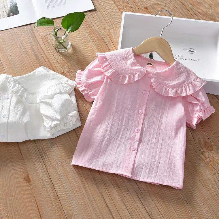 New Girls Shirts Little Girls Korean Style Casual Solid Color Shirts Children's Versatile Foreign Style Doll Collar Cotton Linen Tops