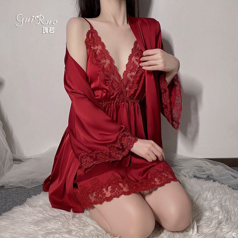 Ice silk satin lace suspender nightdress women's long sleeve lace up Nightgown sexy morning gown home suit