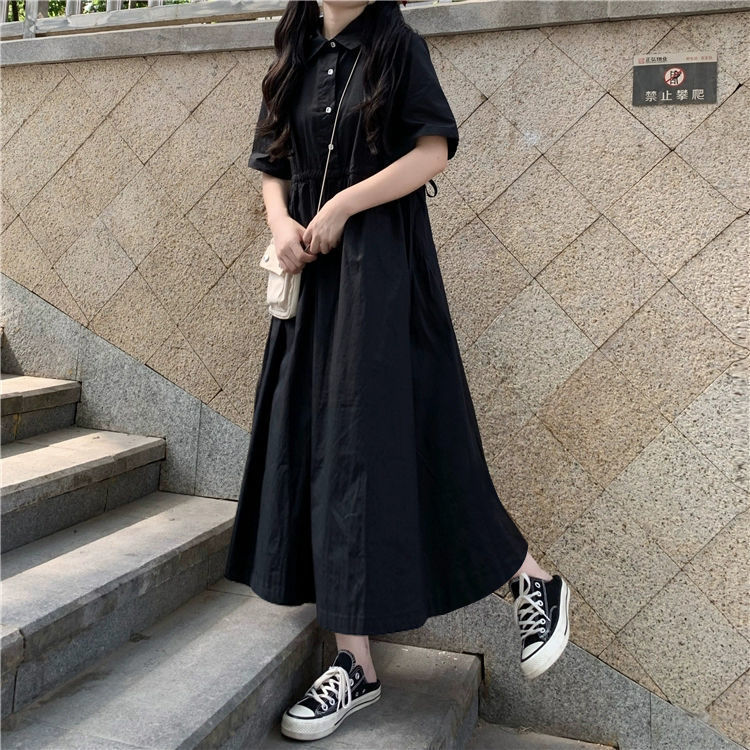春夏日系POLO領抽繩收腰短袖連衣裙女學生韓版顯瘦高腰黑色長裙