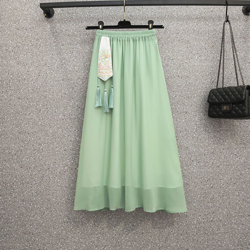  Xia Hanfu Chinese style female fairy skirt embroidered flower chiffon skirt literary retro mid-length skirt