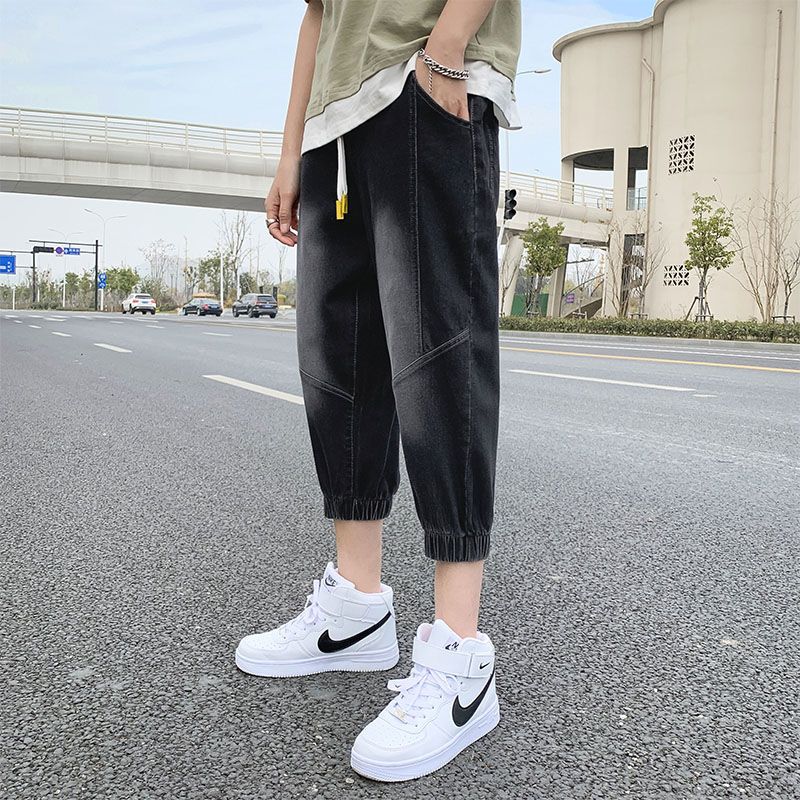 Summer thin eight-point jeans men's outerwear Korean version trendy loose seven-point beam pants tooling casual harem pants