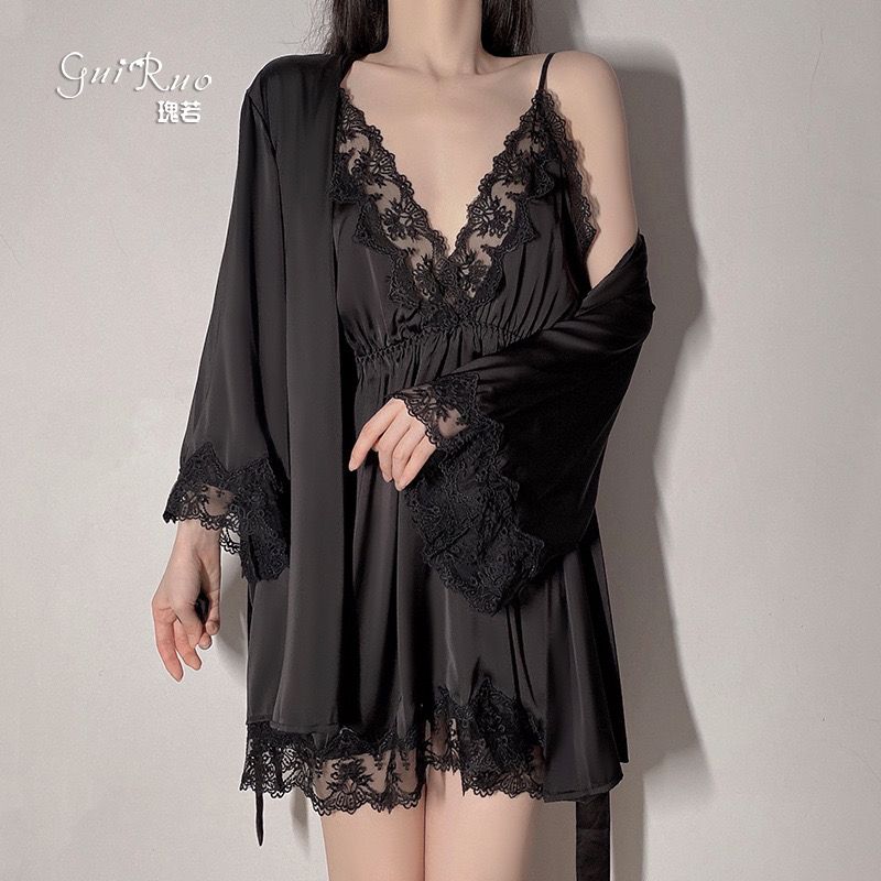 Ice silk satin lace suspender nightdress women's long sleeve lace up Nightgown sexy morning gown home suit