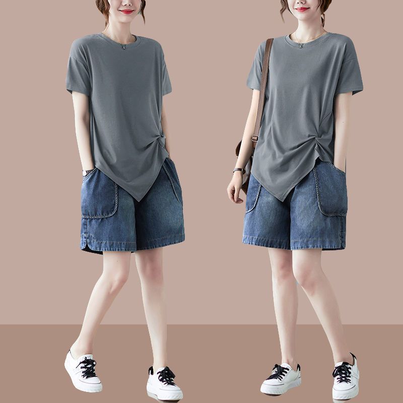 【纯棉】短袖t恤女牛仔裤套装夏季新款显瘦上衣休闲两件套潮