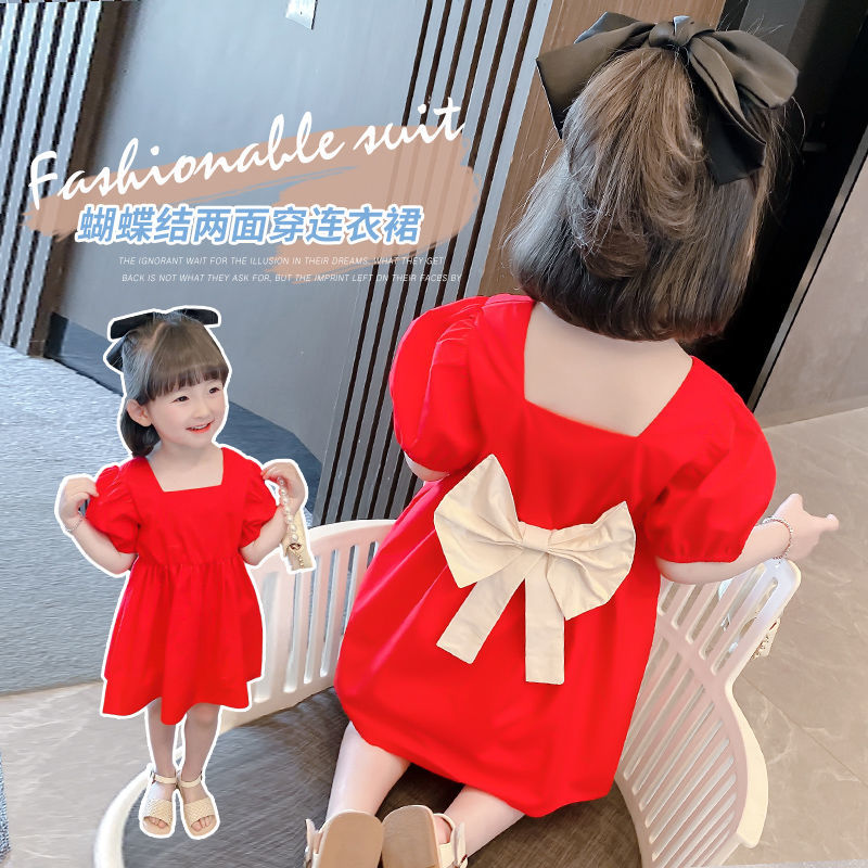 红裙子夏小童年夏季新款宝宝时髦短袖礼服裙女童泡泡袖连衣裙