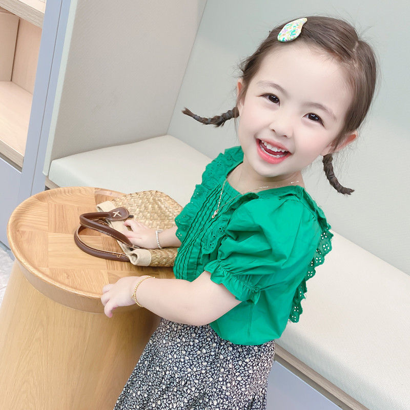 Children's clothing 2023 new summer clothes 3-8 years old summer girls solid color lace doll shirt foreign style shirt baby top