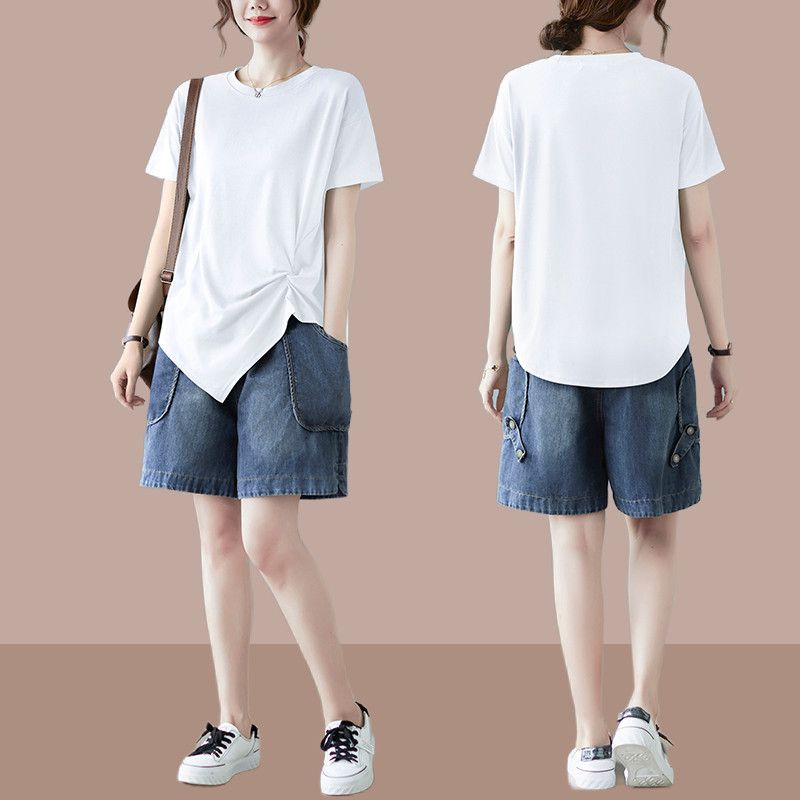 【纯棉】短袖t恤女牛仔裤套装夏季新款显瘦上衣休闲两件套潮