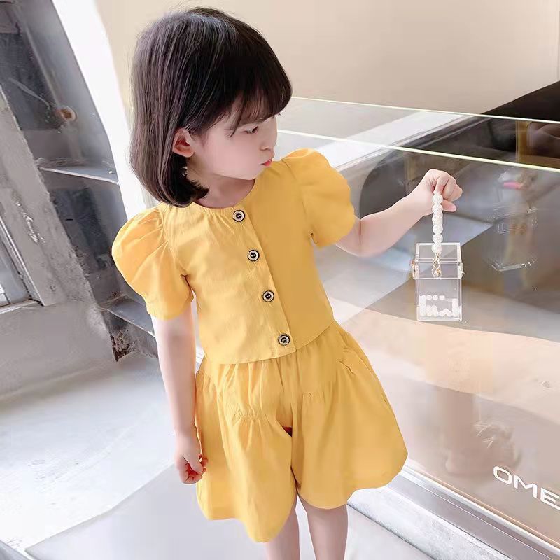 Girls' summer suit  new children's leisure summer suit girls' bubble short sleeve shorts foreign style two-piece set