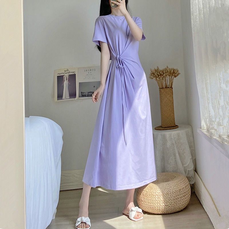 Fat MM extra large size 300 catties T-shirt long skirt 2023 summer loose hidden meat slimming belt waist solid color dress