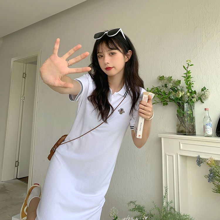  summer and autumn Korean style skirt cartoon embroidery polo dress college wind age reduction casual slim T-shirt skirt female