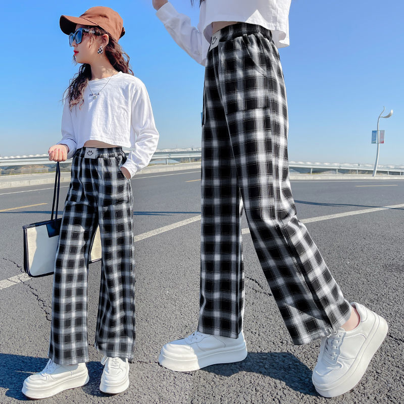 女童褲子春秋洋氣女孩外穿長褲大童直筒寬鬆格子褲兒童休閒闊腿褲