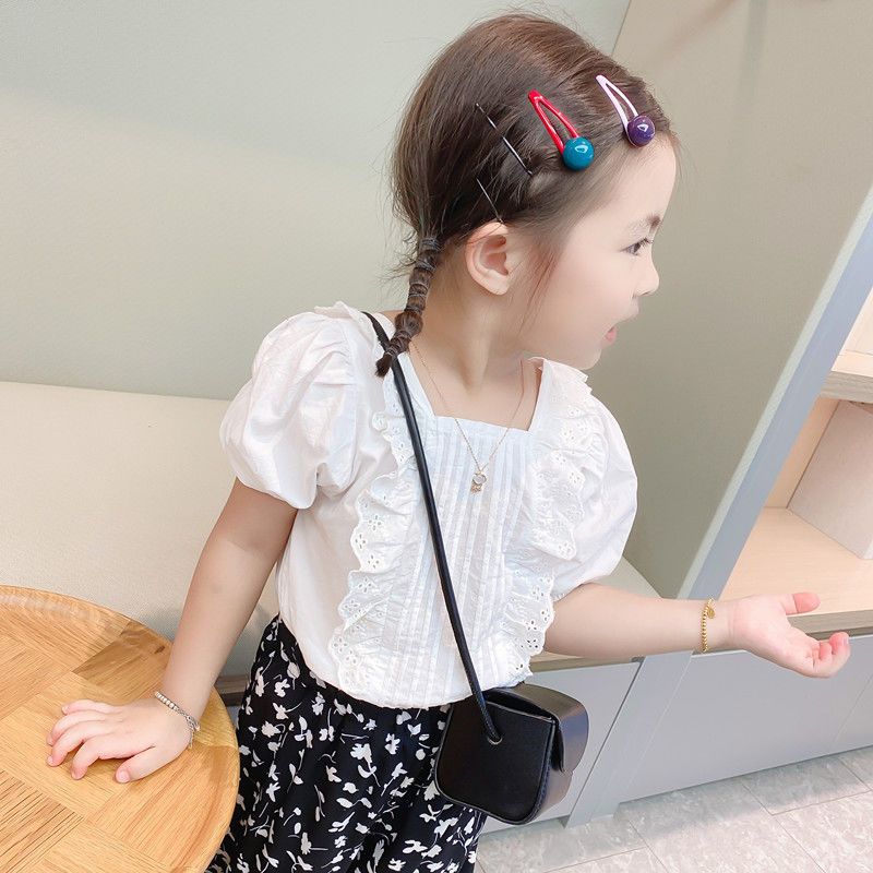Children's clothing 2023 new summer clothes 3-8 years old summer girls solid color lace doll shirt foreign style shirt baby top