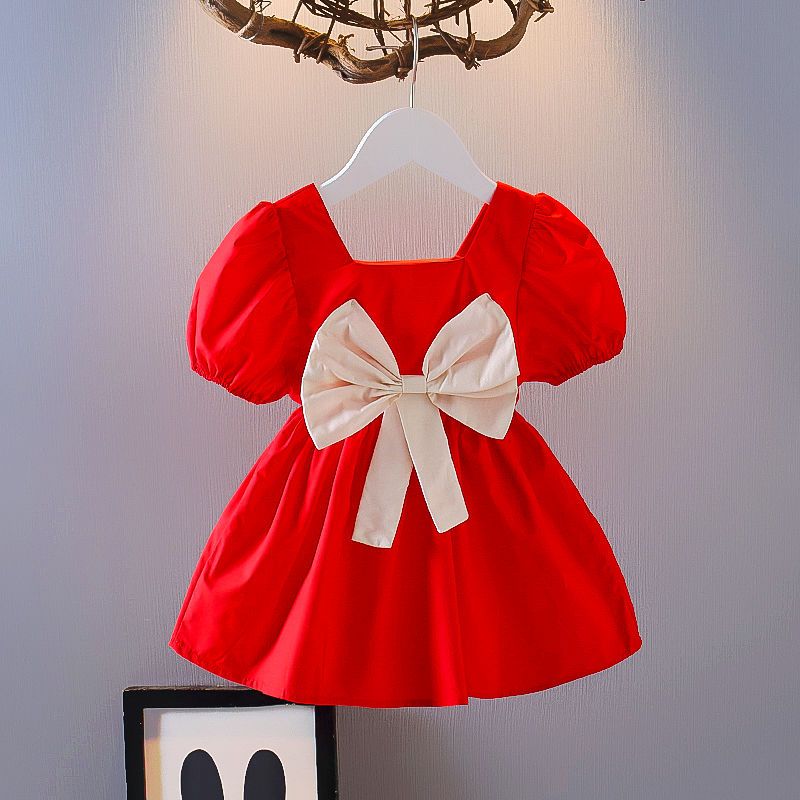 红裙子夏小童年夏季新款宝宝时髦短袖礼服裙女童泡泡袖连衣裙