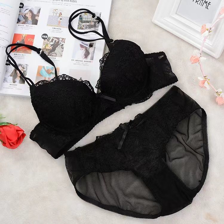 Cute Girl Deep V Sexy 34AB-42AB Small Chest Shows Plump Push Up Underwear Adjustable Lace Bra Set