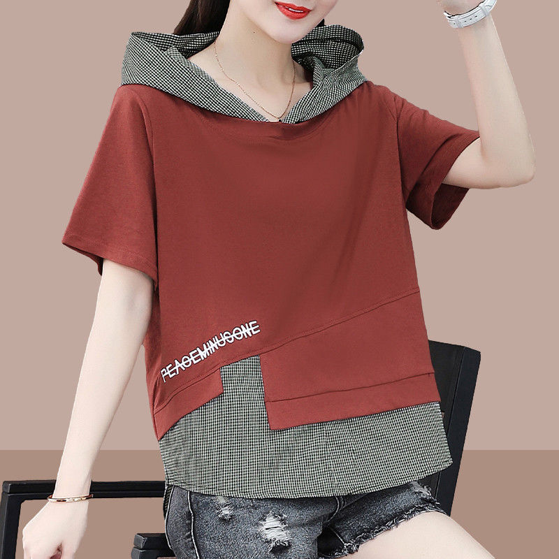 [Pure Cotton] 2023 Summer New Half-sleeved Art Casual Plaid Stitching Fake Loose Two-piece Hooded Sweater T-Shirt