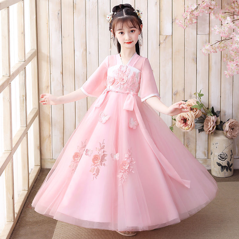 漢服兒童女薄款短袖連衣裙2022款夏季女童漢服小女孩古裝仙女裙