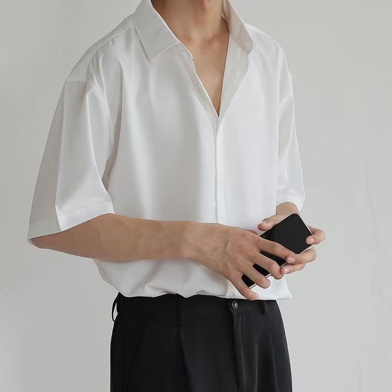 Men's five-point short-sleeved shirt ice silk drape soft and handsome Korean version of the trend dk casual loose all-match white shirt