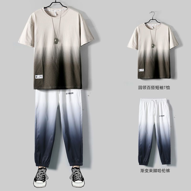 2022 new men's leisure sports suit summer youth short sleeve suit gradual loose ice nine point pants