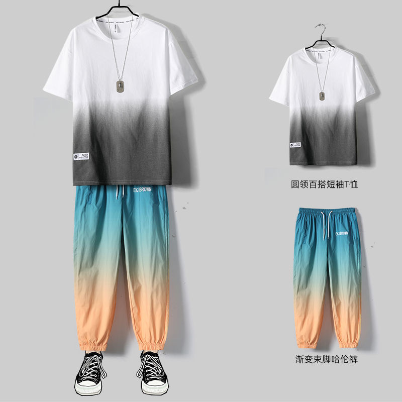 2022 new men's leisure sports suit summer youth short sleeve suit gradual loose ice nine point pants