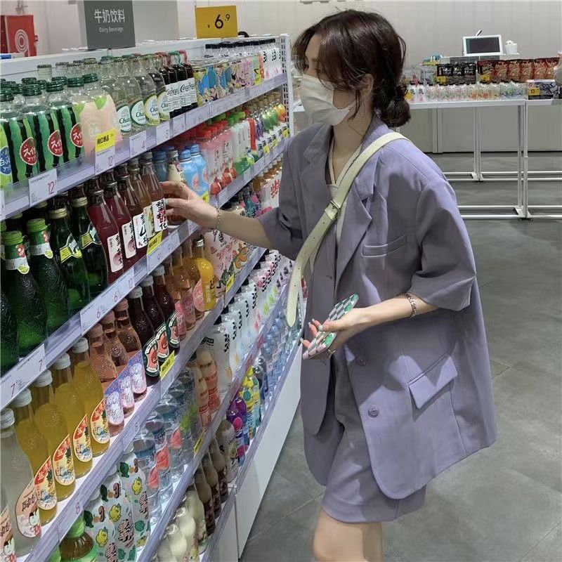 西裝外套女夏季薄款短袖西服小個子寬鬆ins上衣休閒短褲兩件套裝