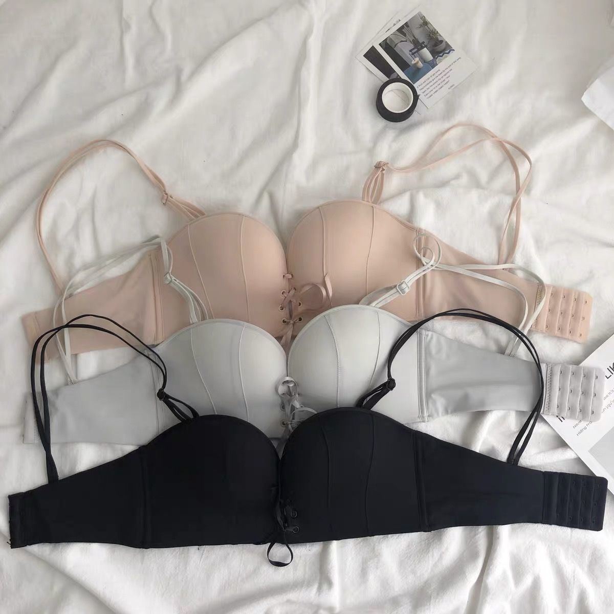 Strapless underwear women's small chest gathered non-slip top tube top wedding dress invisible straps thickened beautiful back bra set