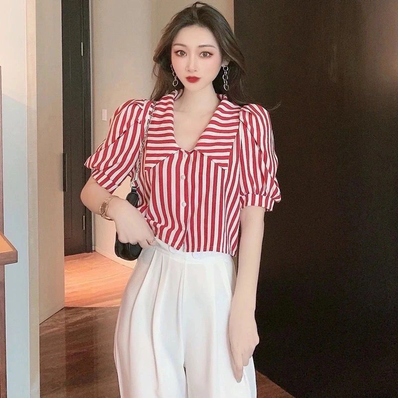 夏季新款韩版条纹泡泡袖短袖雪纺衬衫宽松设计感短款百搭衬衣女