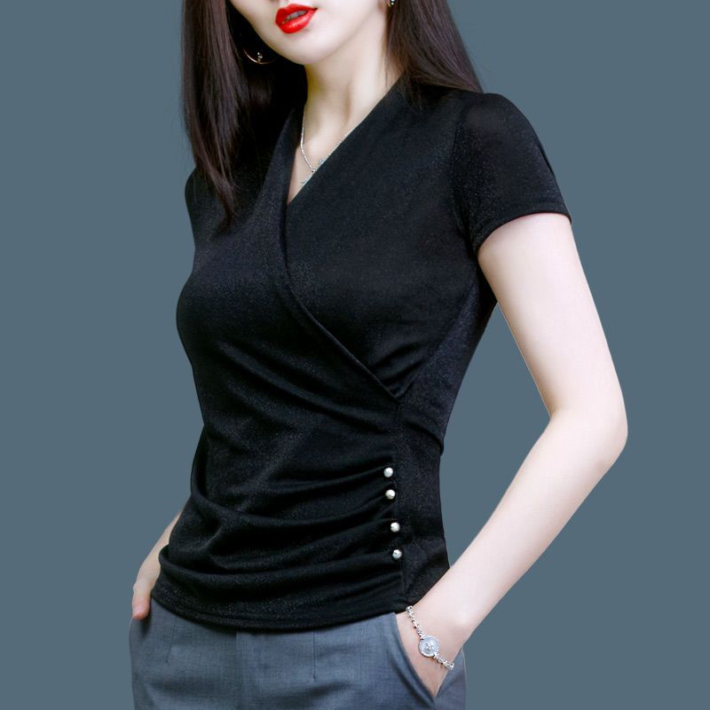 網紗亮絲打底衫V領時尚洋氣短袖T恤女2023女裝新款夏季薄款小衫
