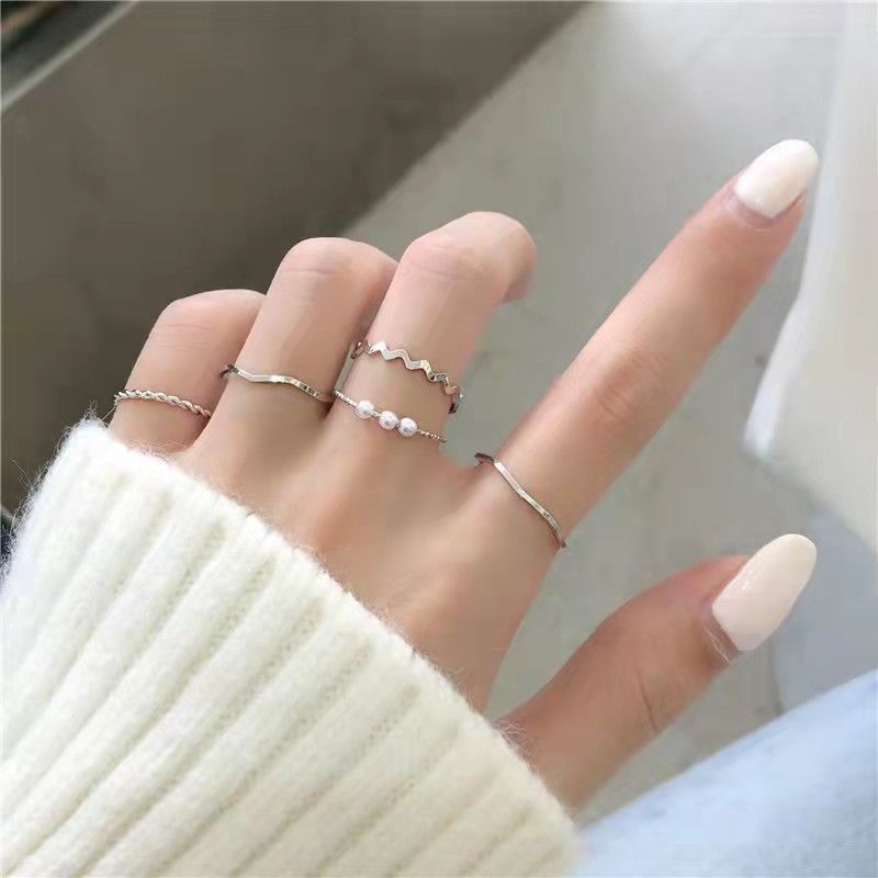 Five-piece set ~ Japanese style light luxury pearl ring for women niche design simple ins trend internet celebrity vegetarian ring index finger tail ring