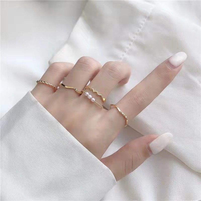 五件套~日式轻奢珍珠戒指女小众设计简约ins潮网红素圈食指尾戒