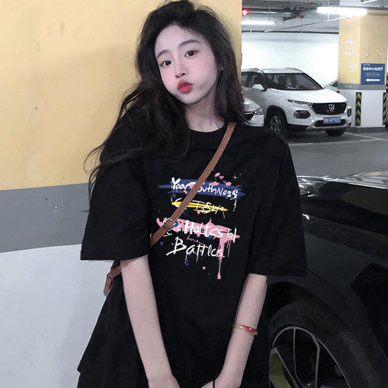 100%純棉短袖t恤女夏季新款寬鬆百搭bf原宿風印花甜辣ins上衣體恤