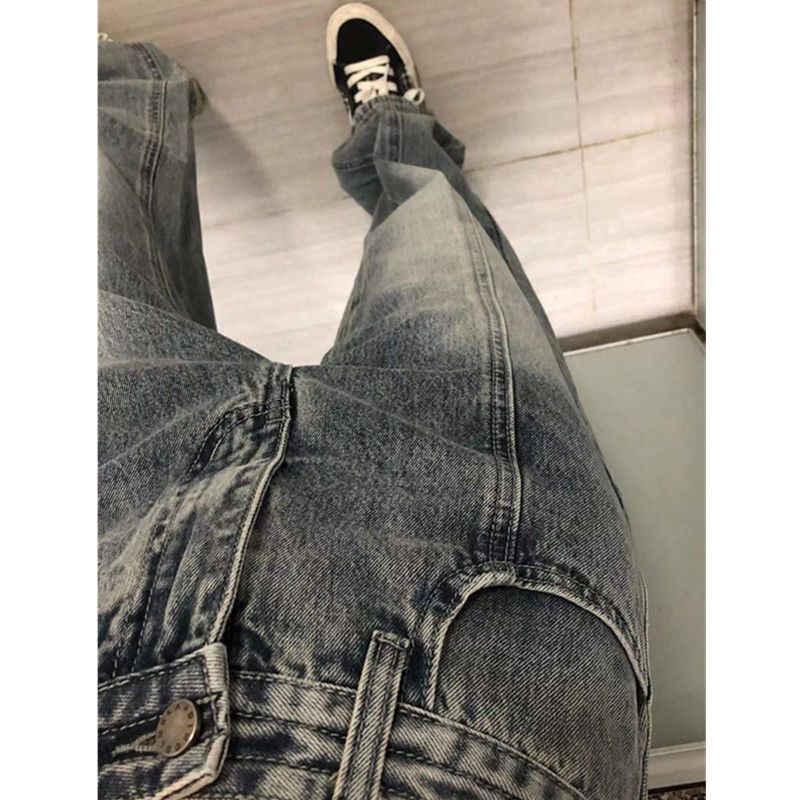 美式復古高街雙壓線設計感牛仔褲女水洗馬騮袋口刺繡直筒闊腿褲子