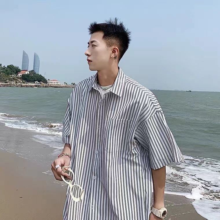 Striped short sleeve shirt men's summer ins ruffian handsome design sense niche shirt Hong Kong Style Japanese trend shirt coat