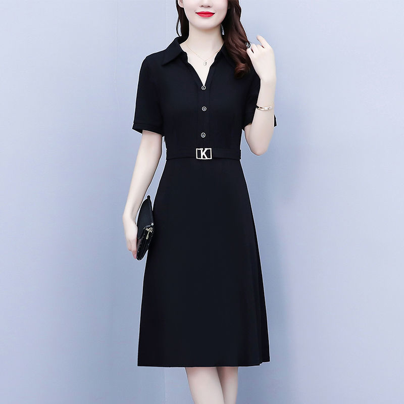 2022夏季時尚洋氣質大碼女裝胖mm黑色短袖修身顯瘦中長款連衣裙女