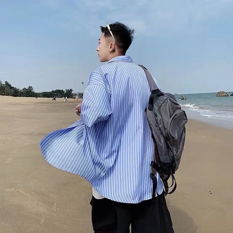 Striped short sleeve shirt men's summer ins ruffian handsome design sense niche shirt Hong Kong Style Japanese trend shirt coat